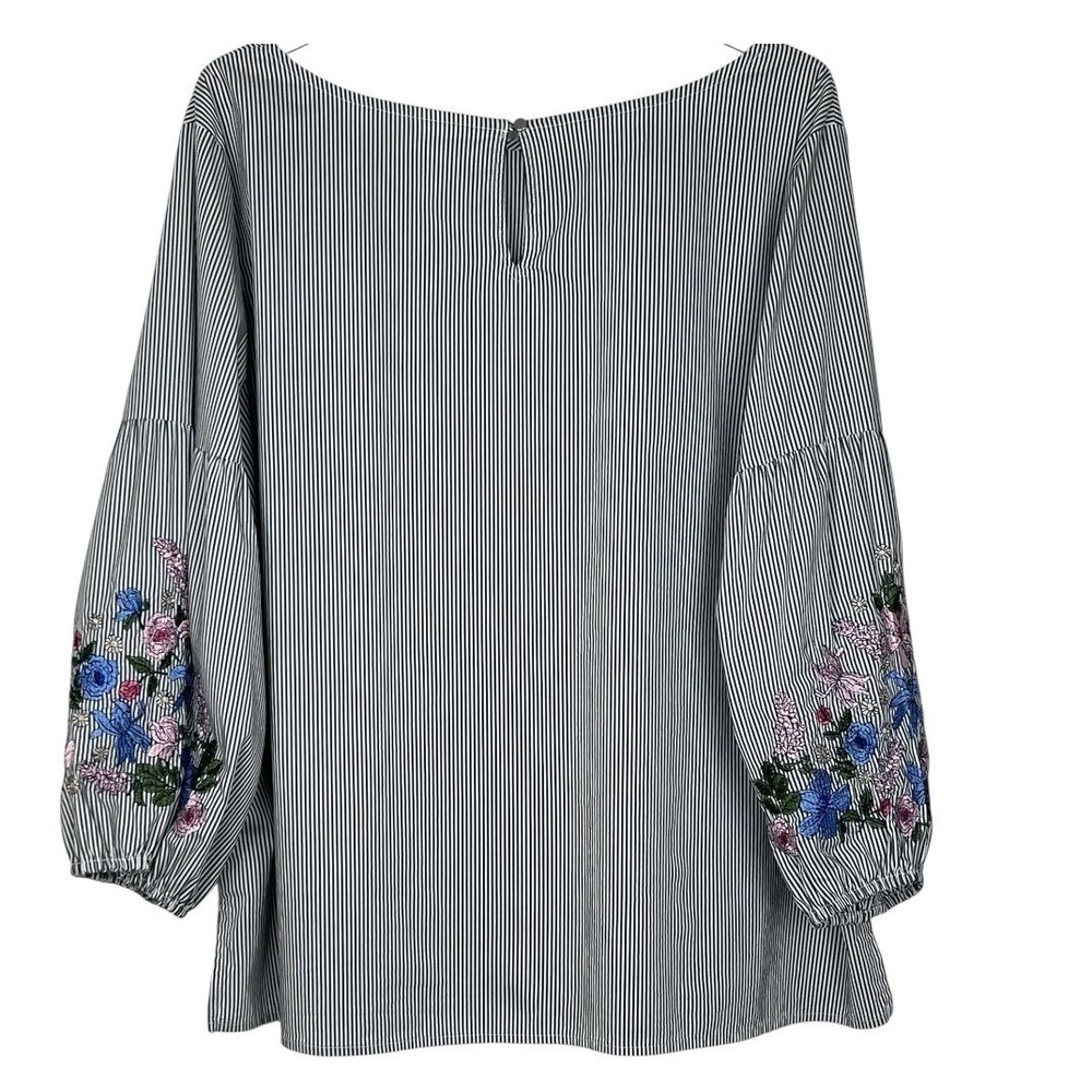 Liz Claiborne Blouse Womens XXL Black White Good Striped Floral Embroidered Puff - Picture 2 of 12